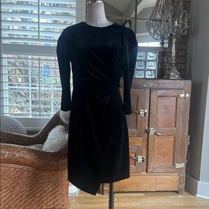 SHOSHANNA RUCHED WAIST BLACK VELVET 3/4 SLEEVE DRESS 8 NEW